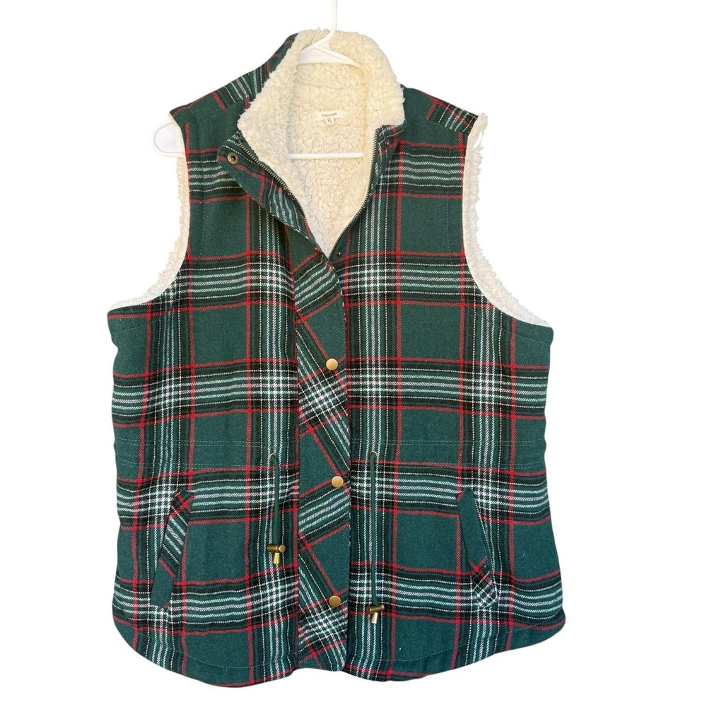 Maurices Vest Womens 0X Green Plaid Sherpa Lined Snap Front Pockets Faux Fur